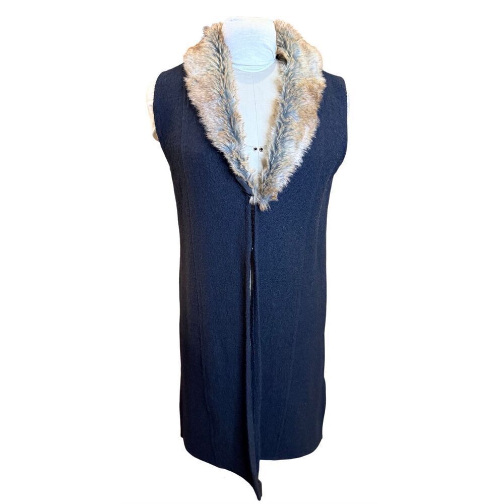 Nine West Wool Long Cardigan Vest Size S Black Faux Fur Collar